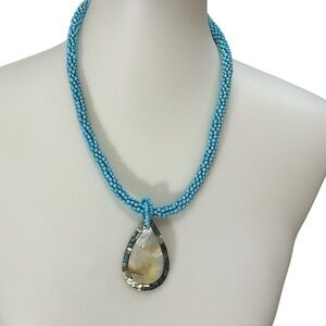 Abalone Shell & Mother of Pearl Pendant Turquoise Seed Bead Necklace Coastal